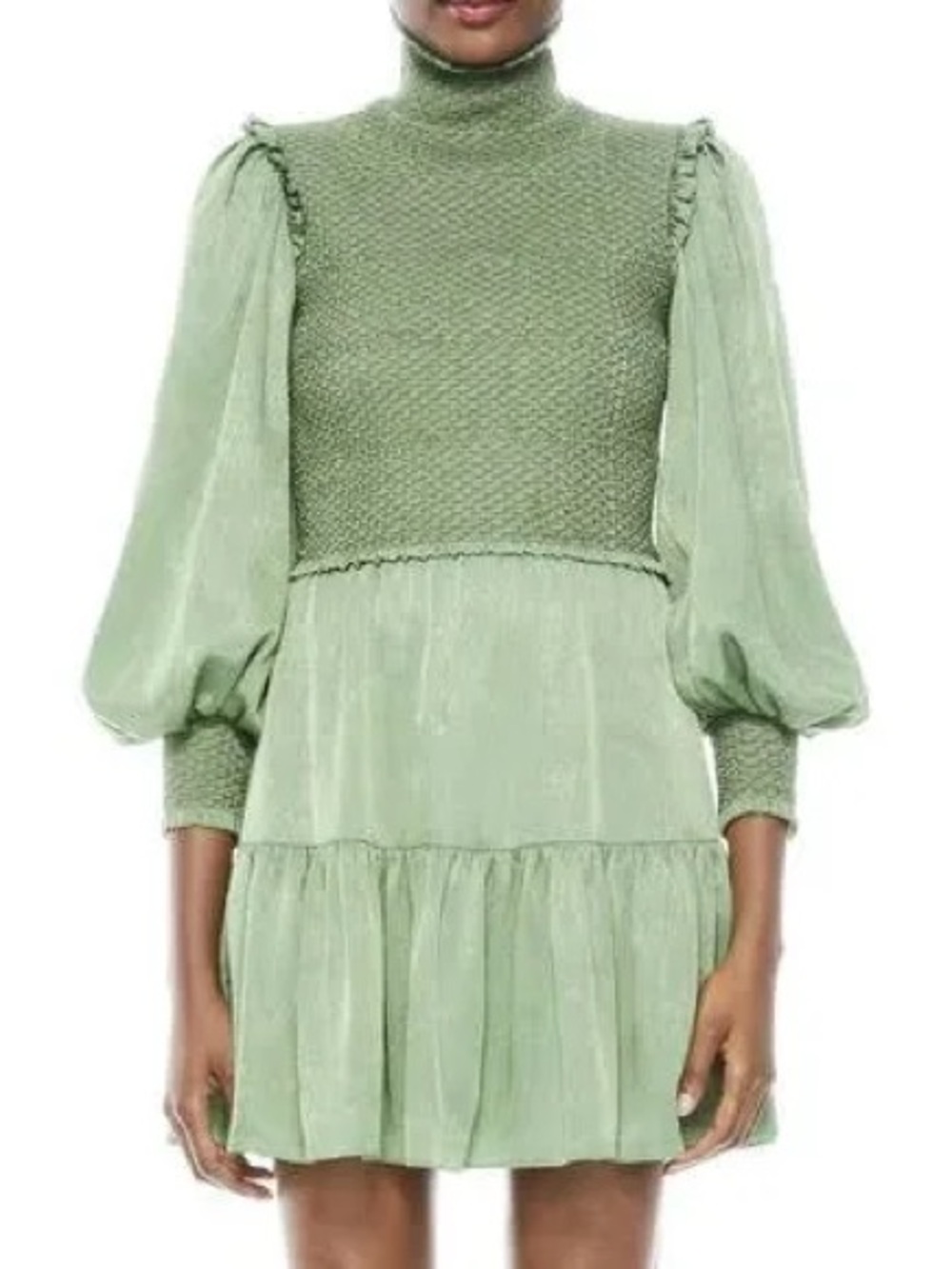 Alice + Olivia Sage Green Smocked High-Neck Mini Dress